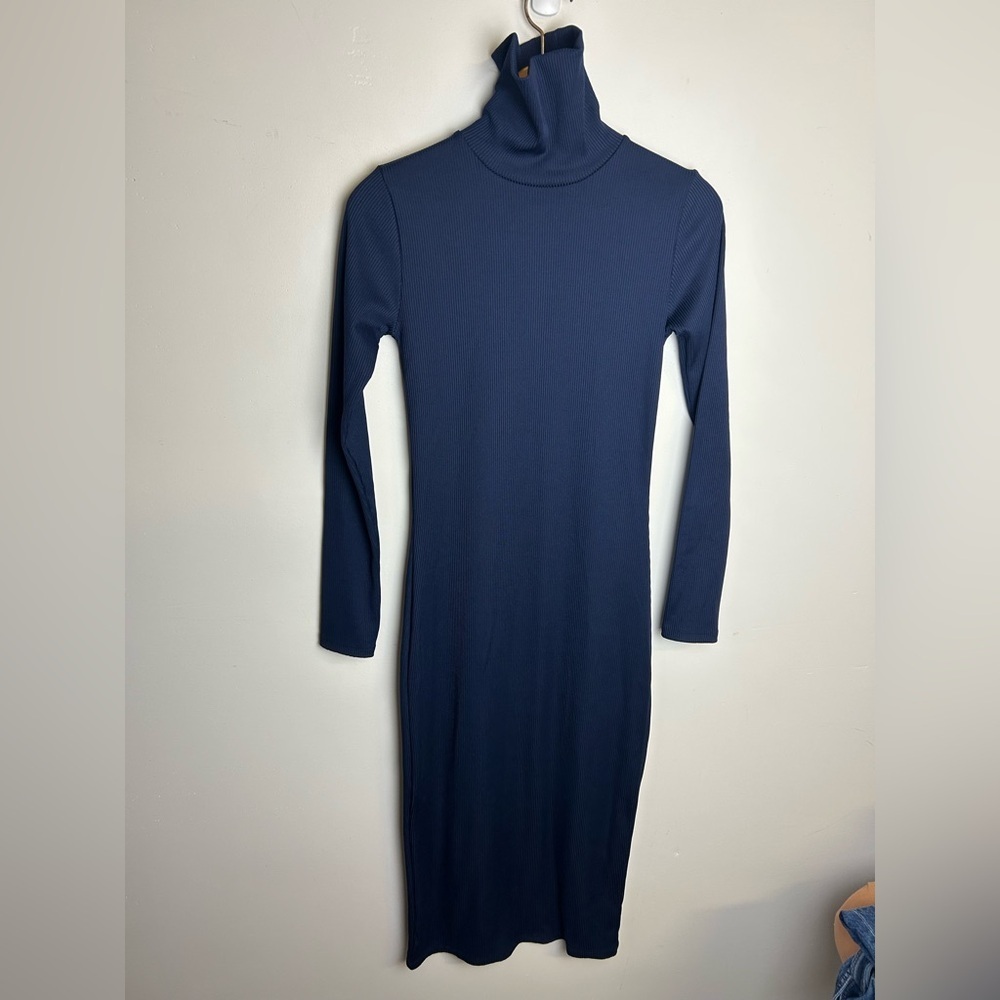Zara Turtleneck Midi Dress Size S old Money Navy Blue chic‎ stretch long sleeve